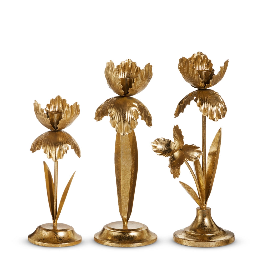 13" Gold Flowers On Candle Holder